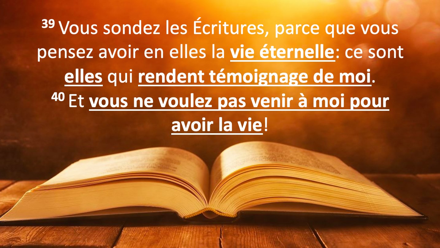 "Vous sondez les Ecritures, parce que vous pensez avoir en elles la vie éternelle: ce sont elles qui rendent témoignage de moi." (Jean 5:39)